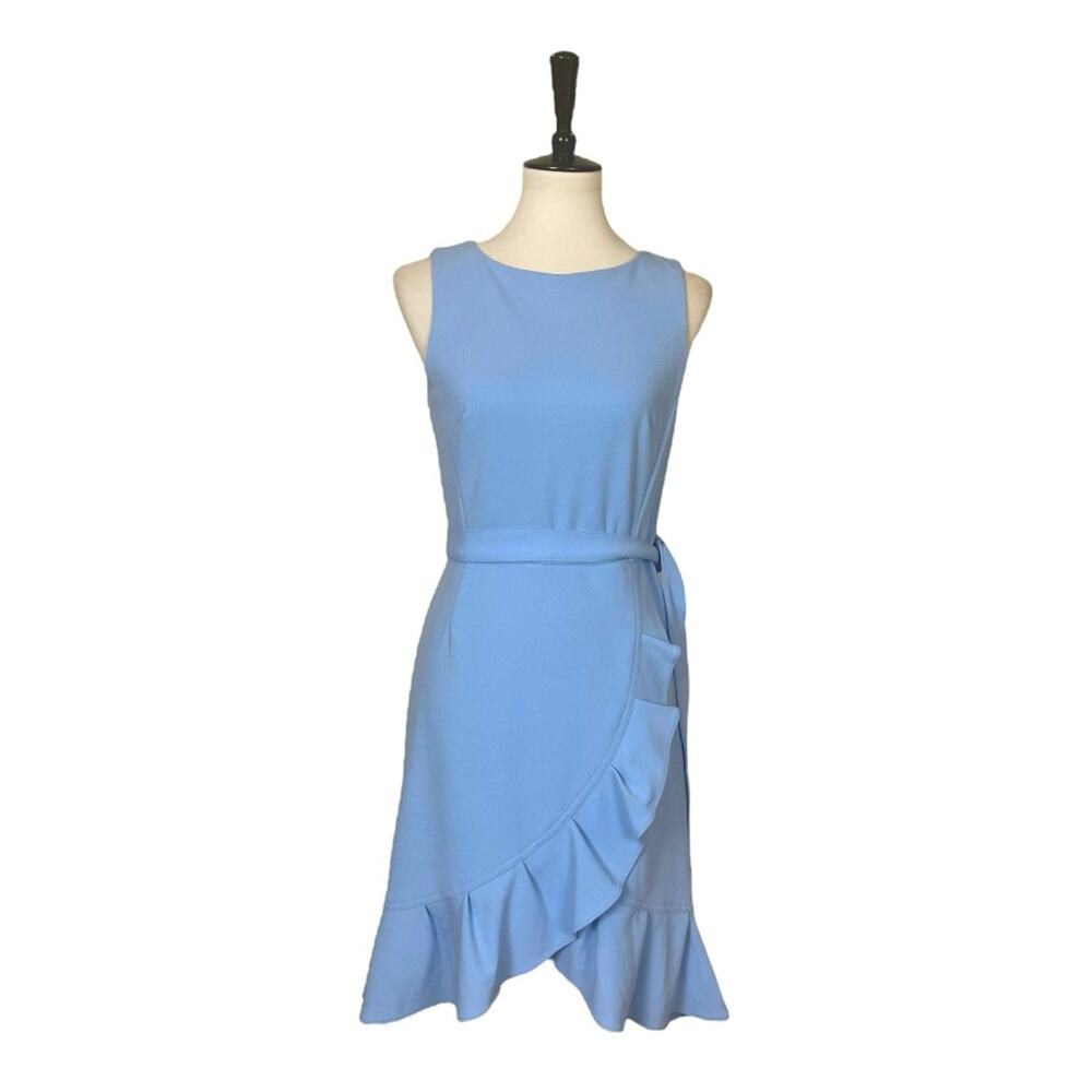 Calvin Klein Dress Boatneck Belted Ruffle Hem Sleeveless Blue Women’s Size 6
